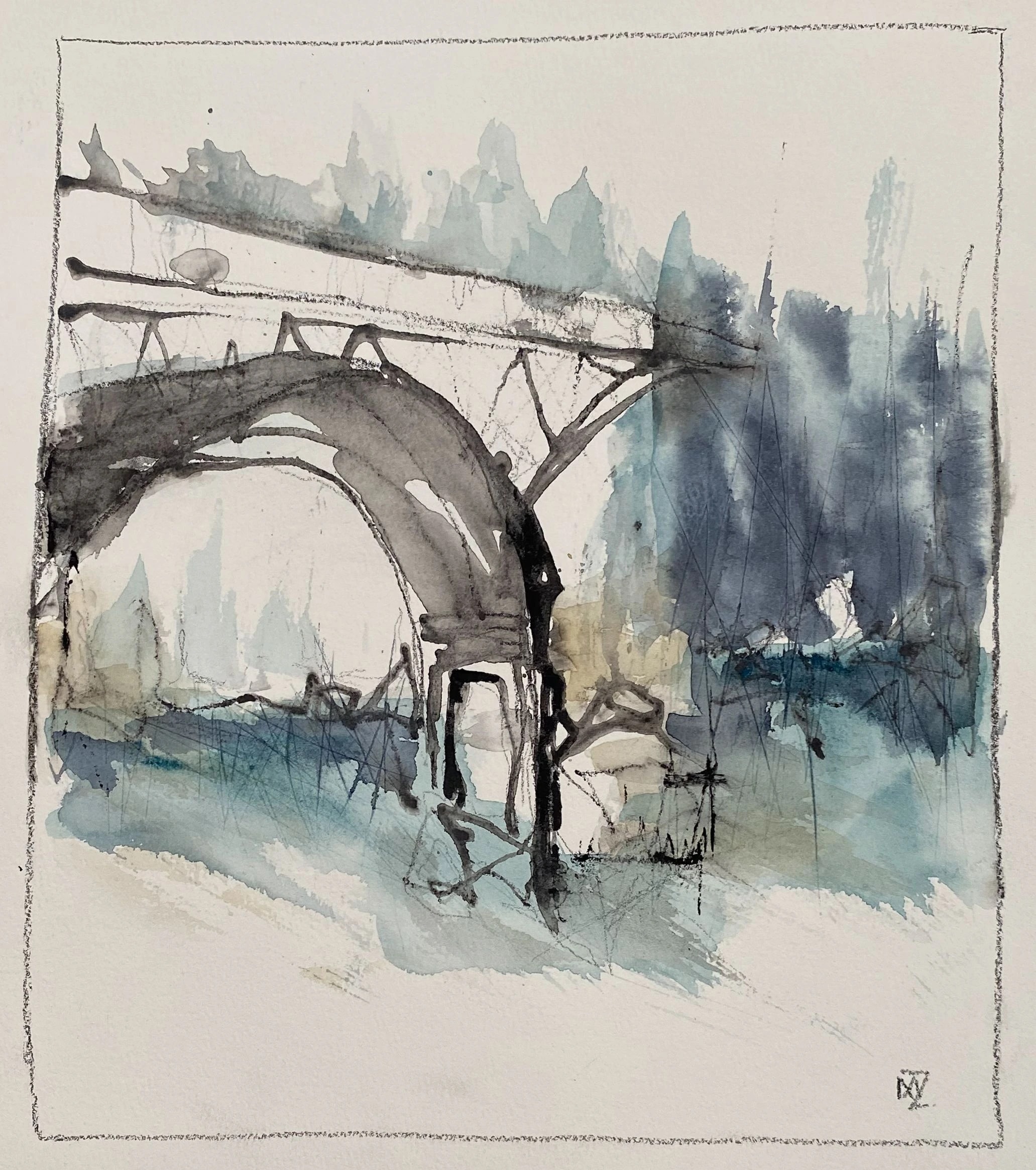 Grey arched bridge over pale blue water, with dark outlines and loose blue-grey forms behind it.