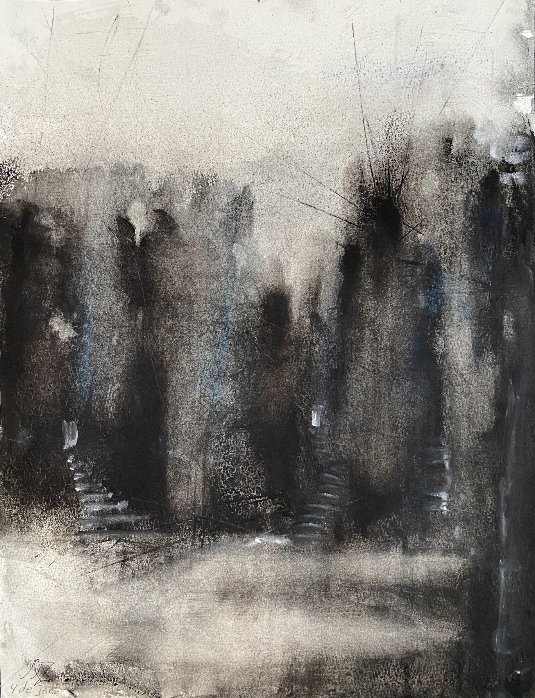 Blurred upright dark forms in a grey-white field, with a pale horizontal band near the bottom.