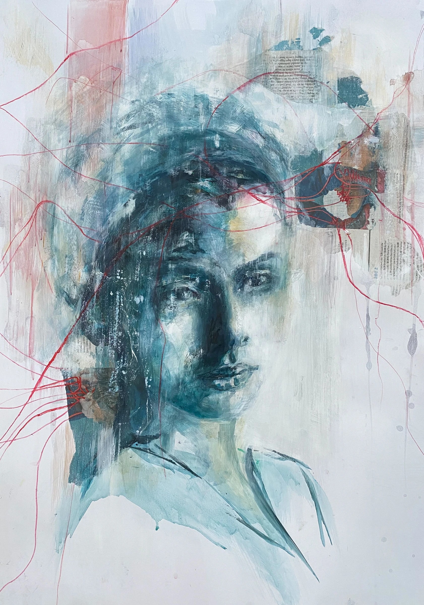 Turquoise-grey portrait with dark hair, a light shoulder and thin red lines around the head.