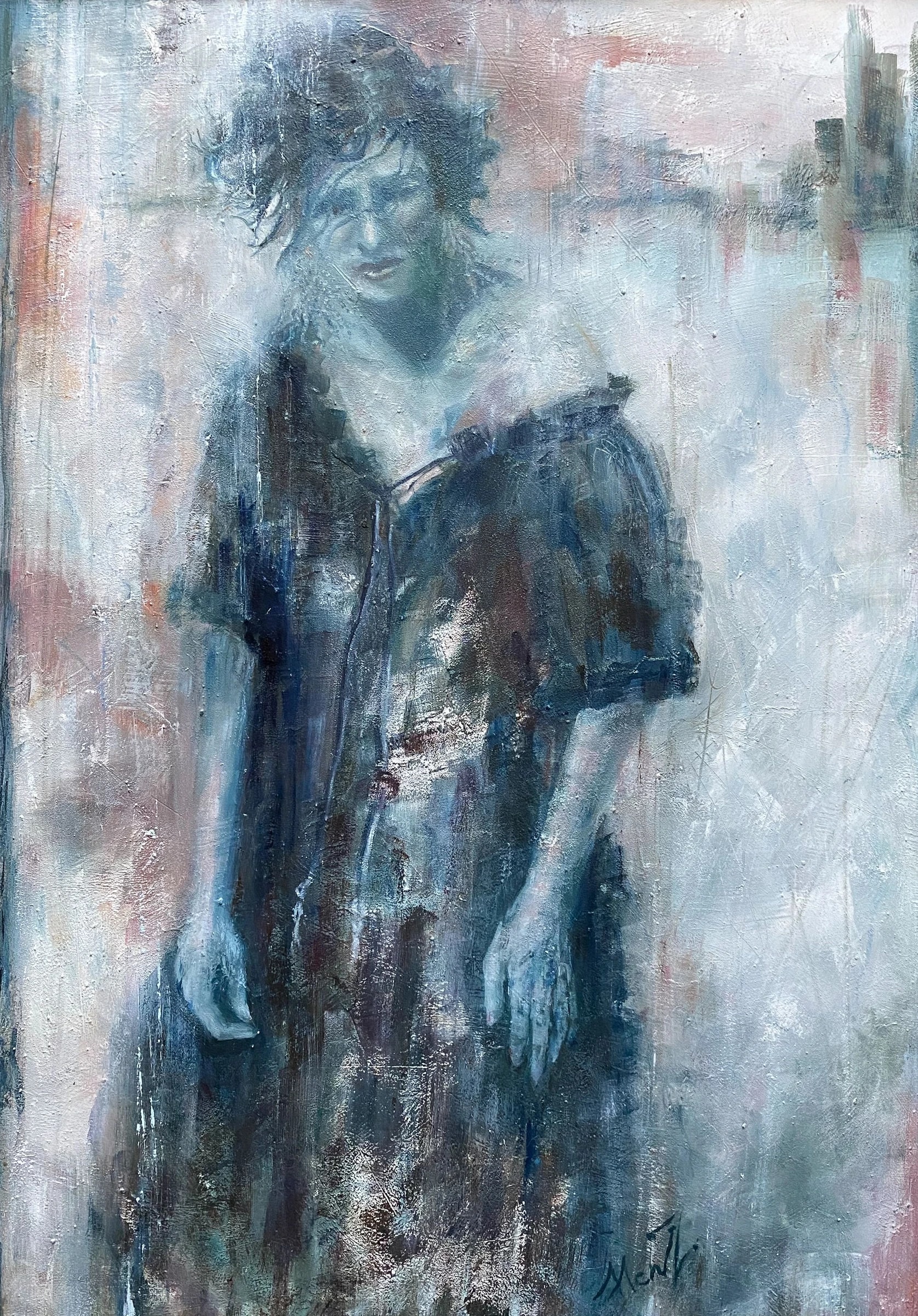 Standing figure with dark hair and clothing, surrounded by pale grey-blue marks and faint warm accents.