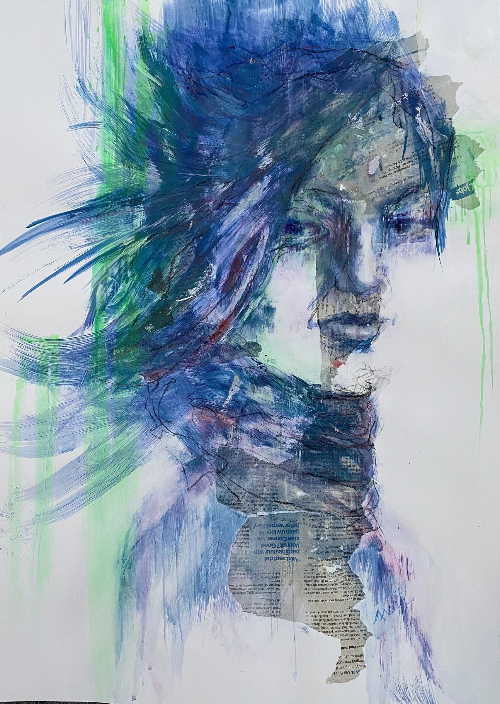 Angled portrait with blue-green sweeping strokes and visible printed text around the neck.