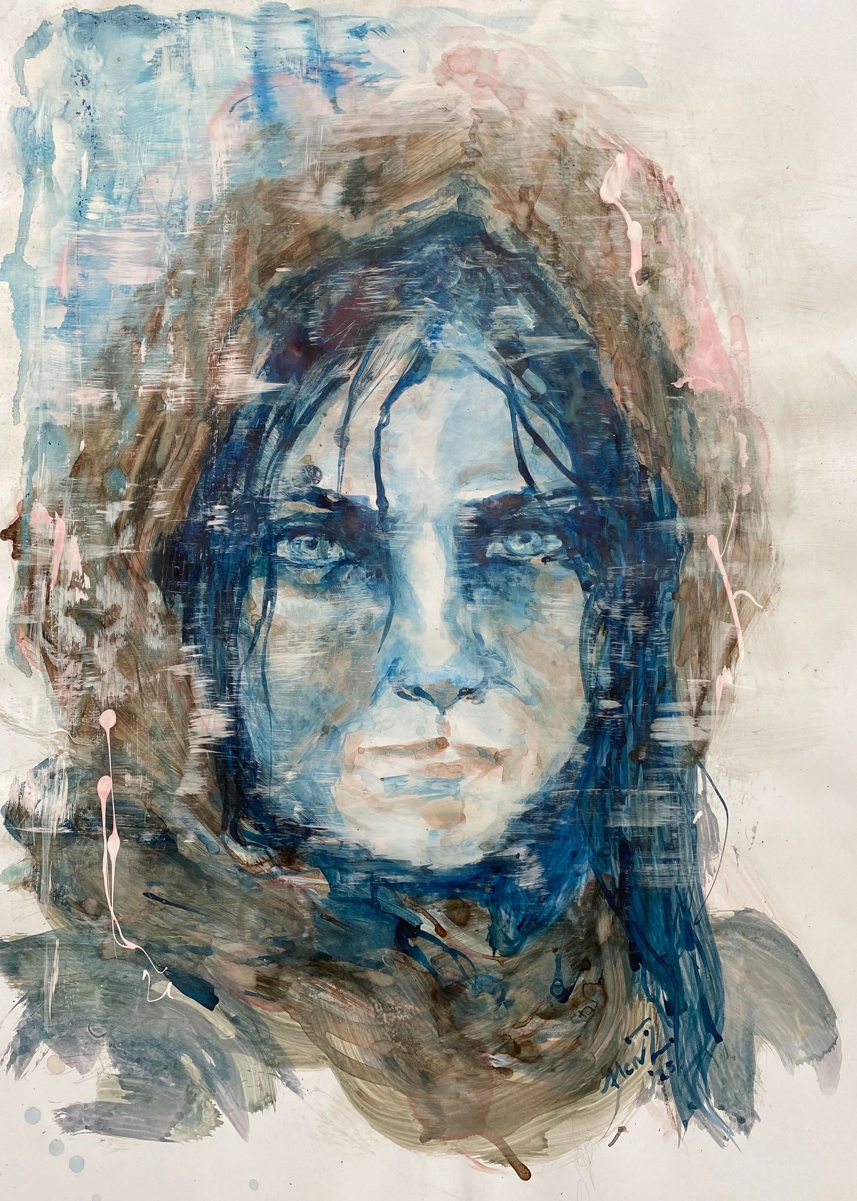 Frontal portrait of a woman with long dark hair in cool blue and grey strokes on a bleached, scraped pale ground, hair feathering out at the shoulders.