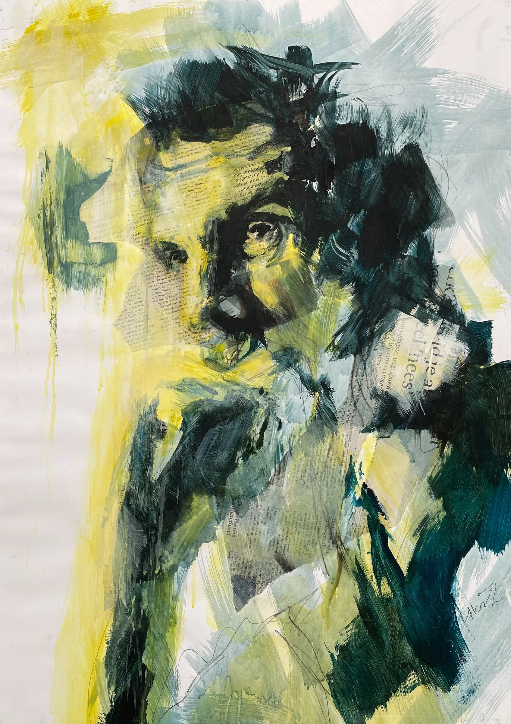 Expressive portrait of a man in black and dark teal strokes, with bright yellow and pale green paint running down the pale sheet in vertical drips.