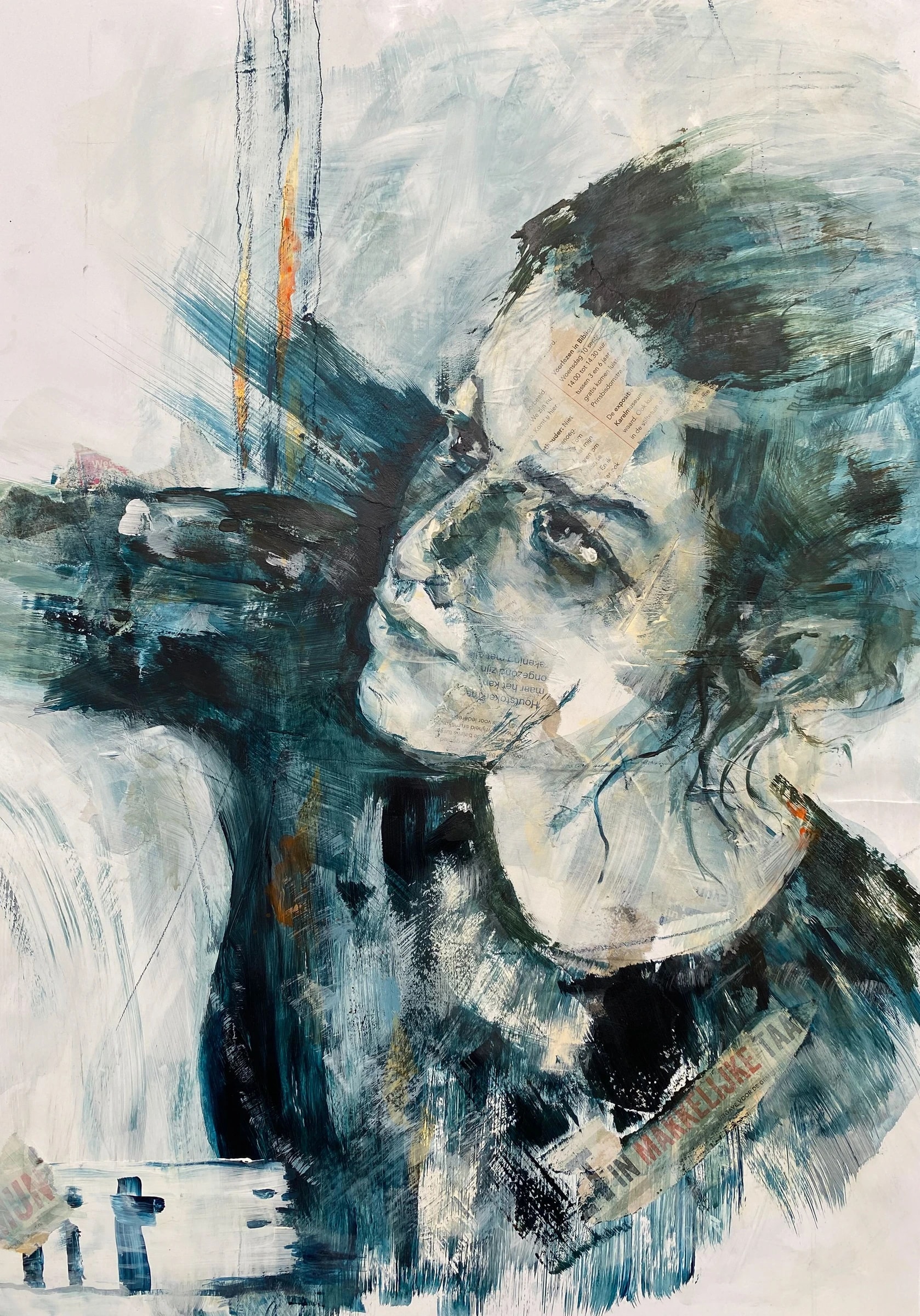 Portrait of a woman with loosely drawn features, framed by broad dark blue-green brushstrokes forming a cross shape, with warm peach accents on the face.