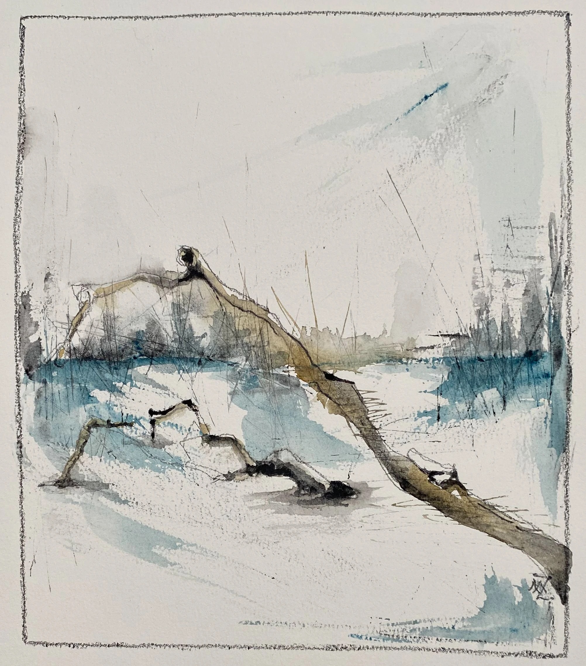 Pale waterside landscape with a diagonal brown form, fine dark lines and turquoise reflections.