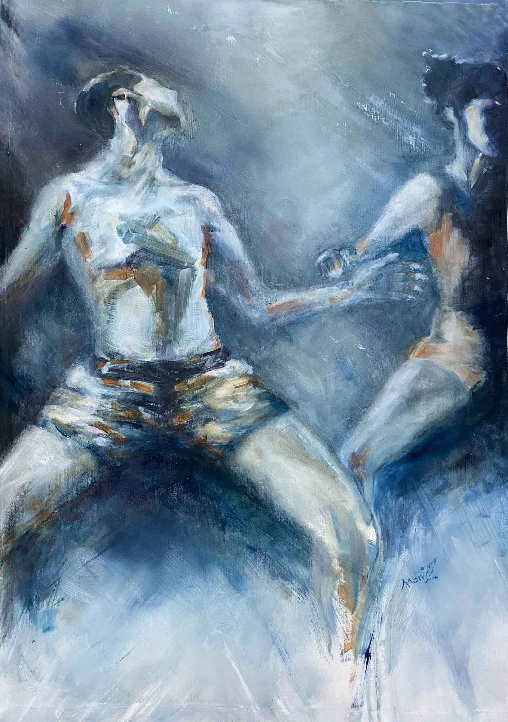 Two loosely painted figures with outstretched limbs against a smoky blue background.