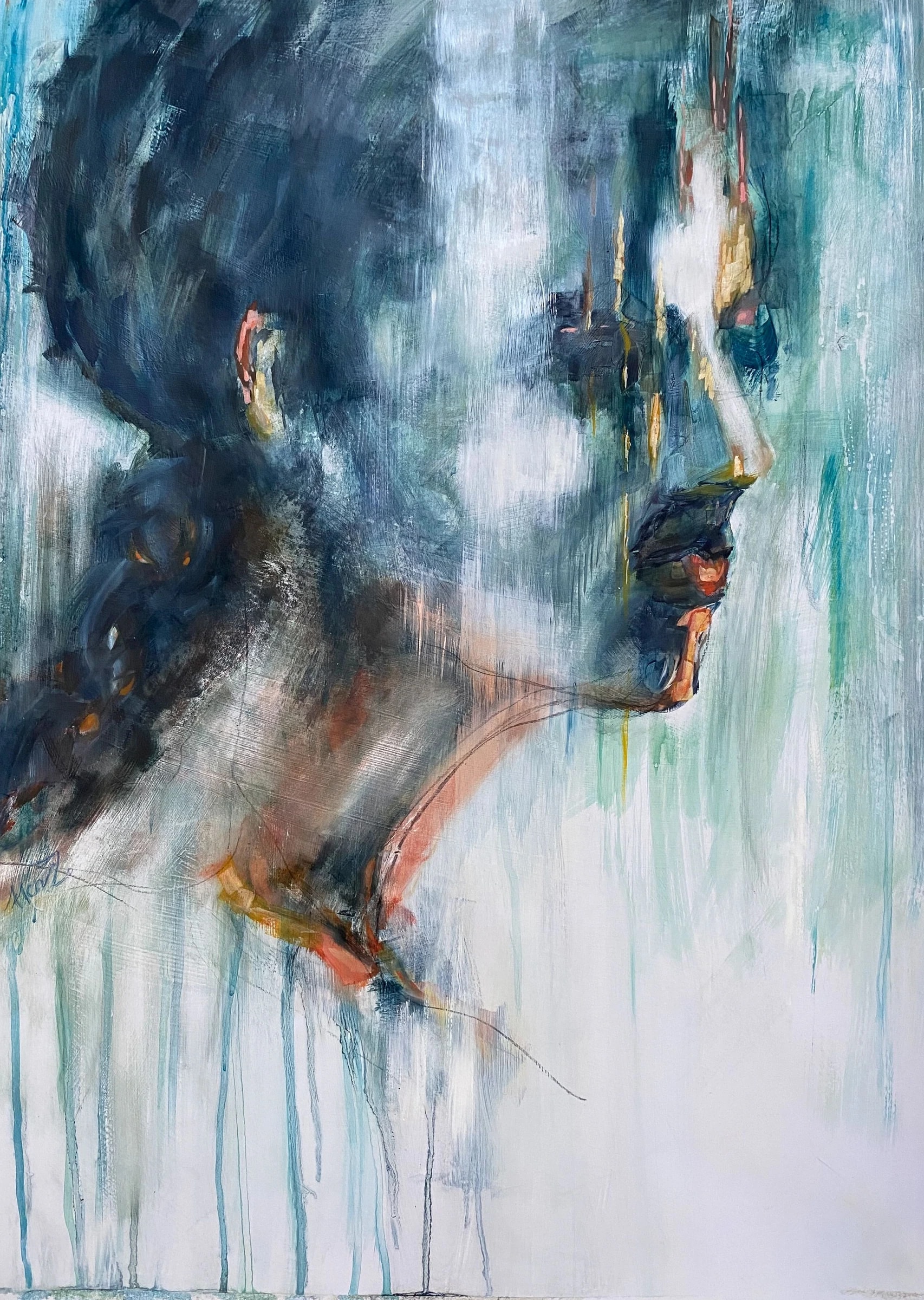 Right-facing profile with dark hair, blue-green shadows, warm accents and long vertical drips.