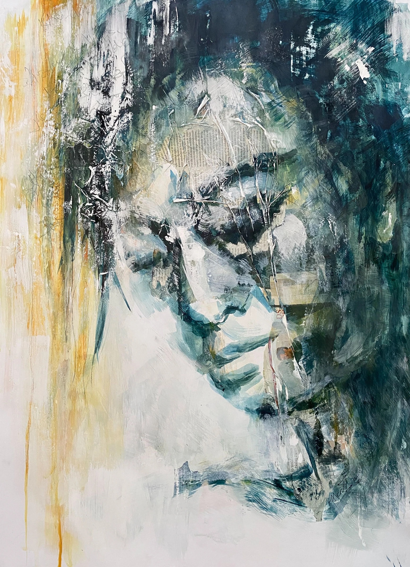 Tilted face with lowered eyes, grey-green shadows, broken white patches and yellow accents at the edge.