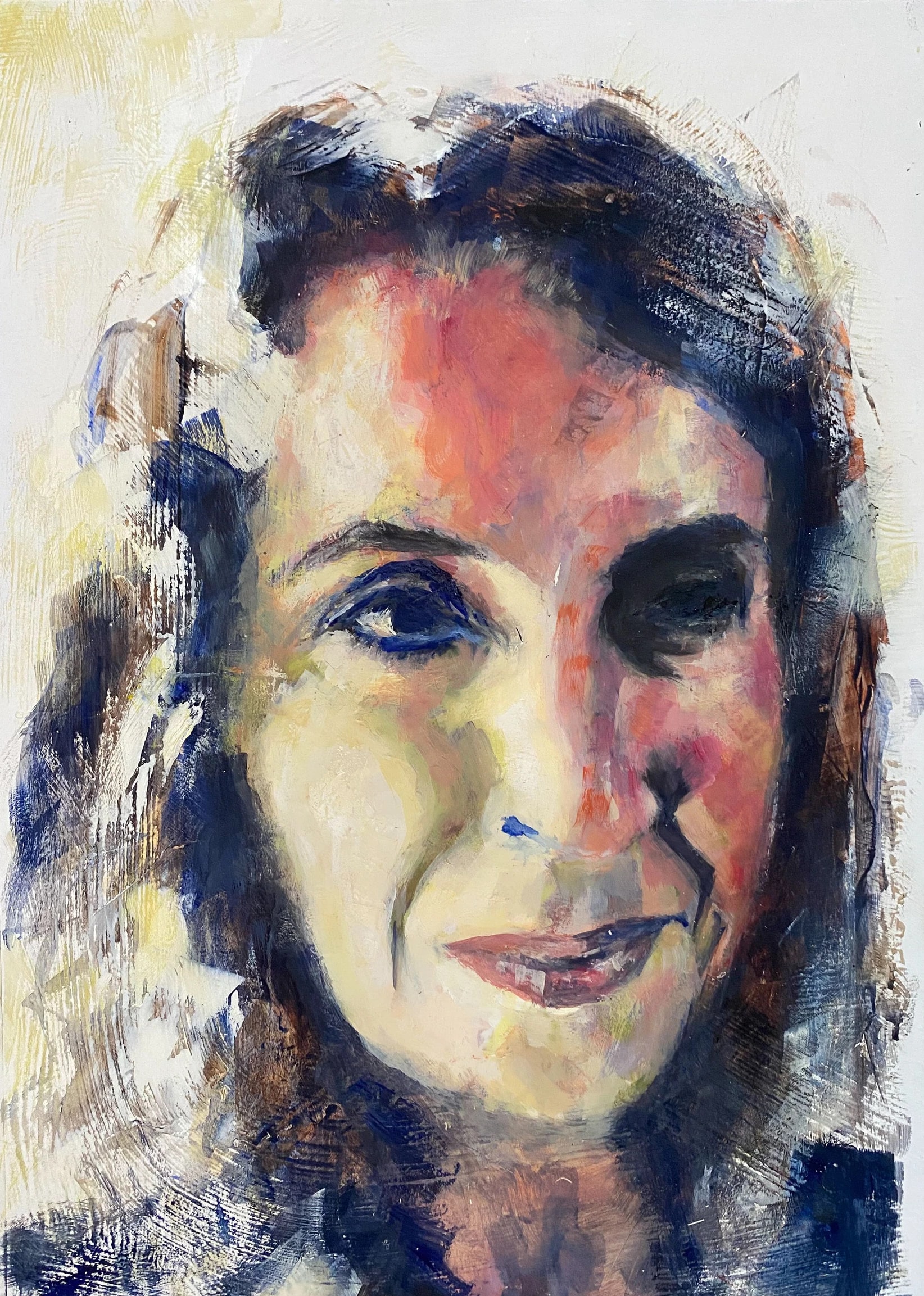 Front-facing dark-haired woman with a slight smile, warm yellow-pink skin tones and blue shadows.