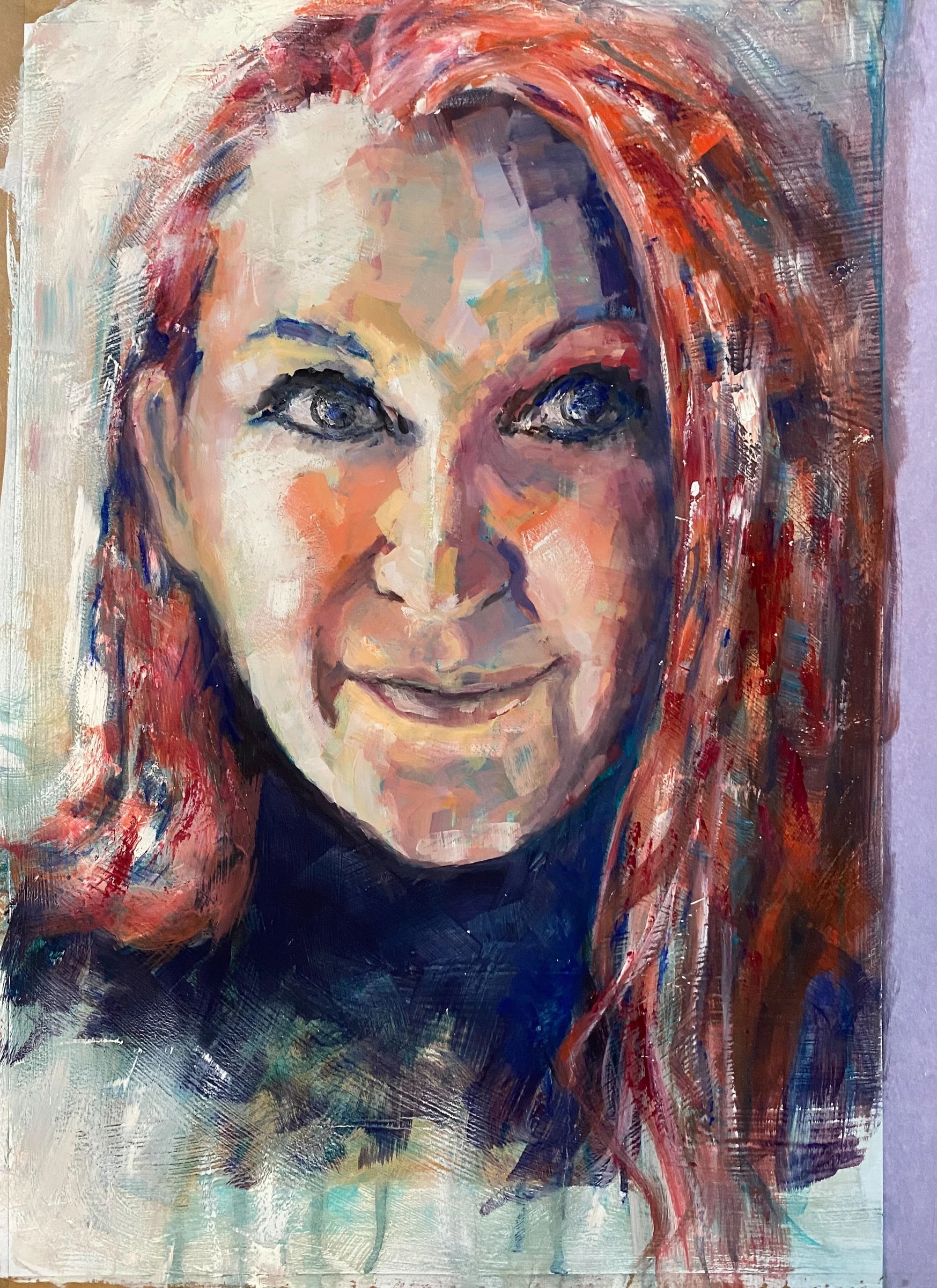 Close-up portrait of a smiling woman with long red hair and bright blue eyes, painted in loose strokes over violet and teal background washes.