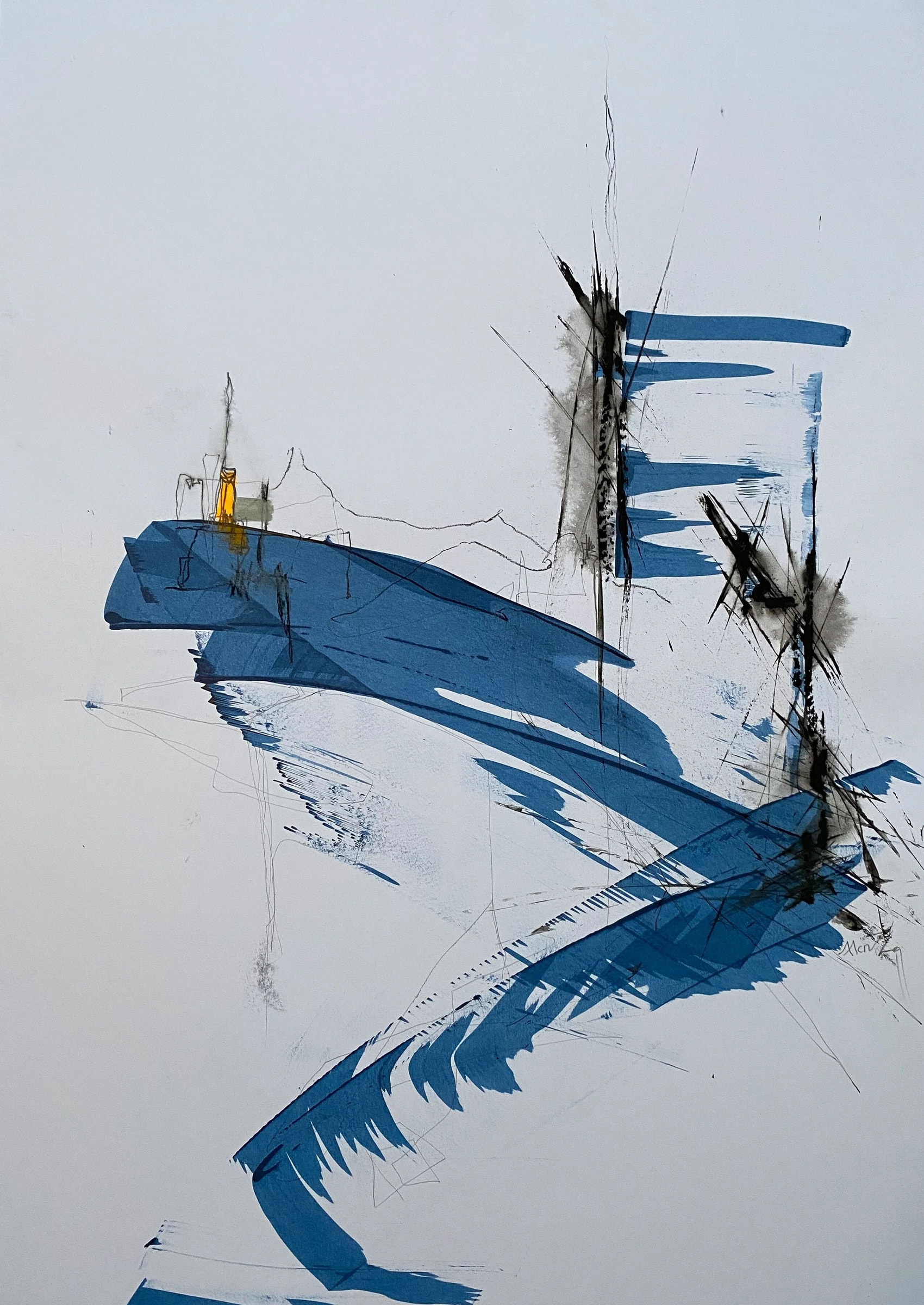 Minimal abstract with wide diagonal blue brush bands on a light ground, black scratched lines and smoky marks at right, one small yellow accent.