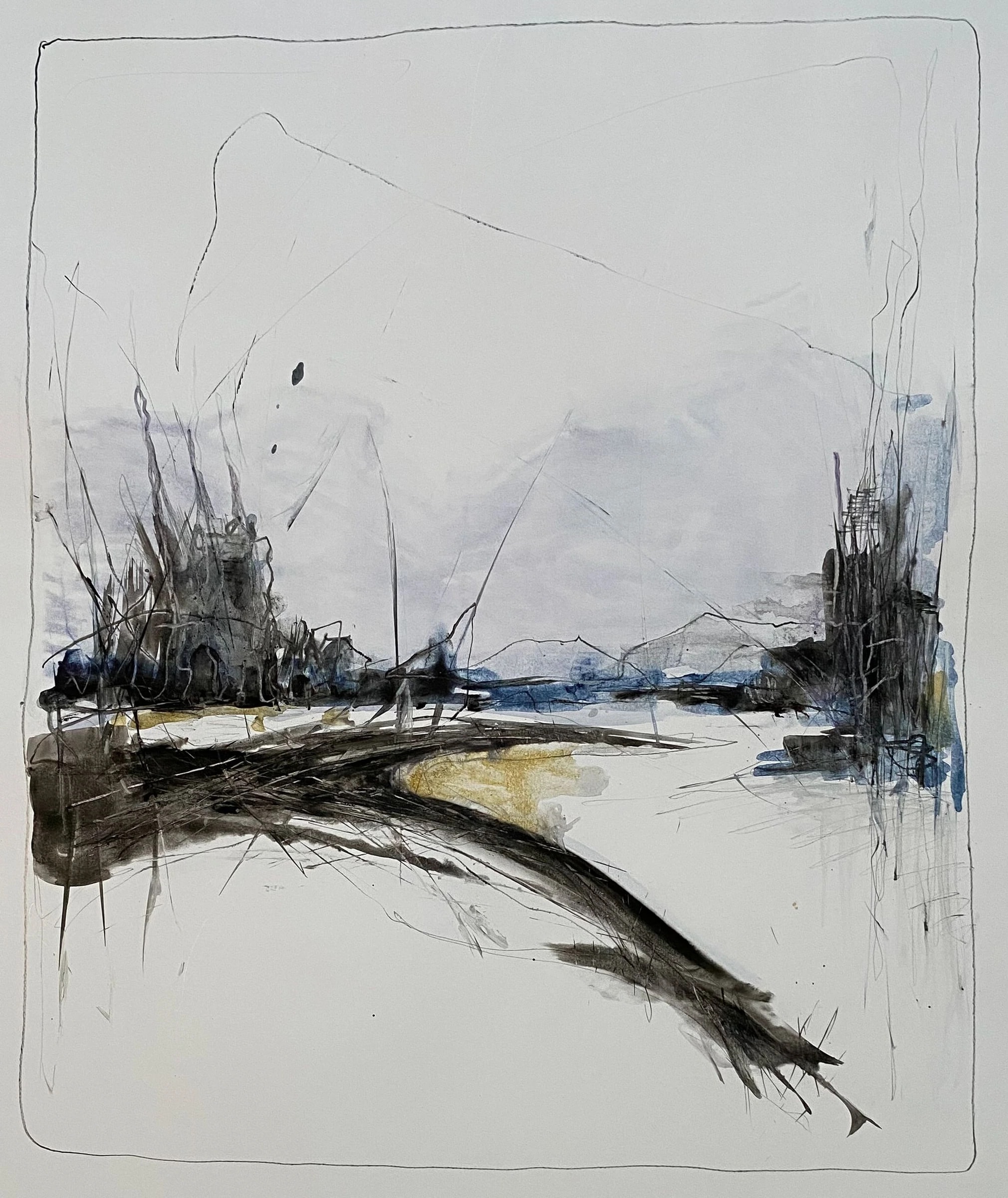 Sketch-like landscape in grey and blue washes with scratched black clusters left and right and a sweeping dark arc across the pale foreground.