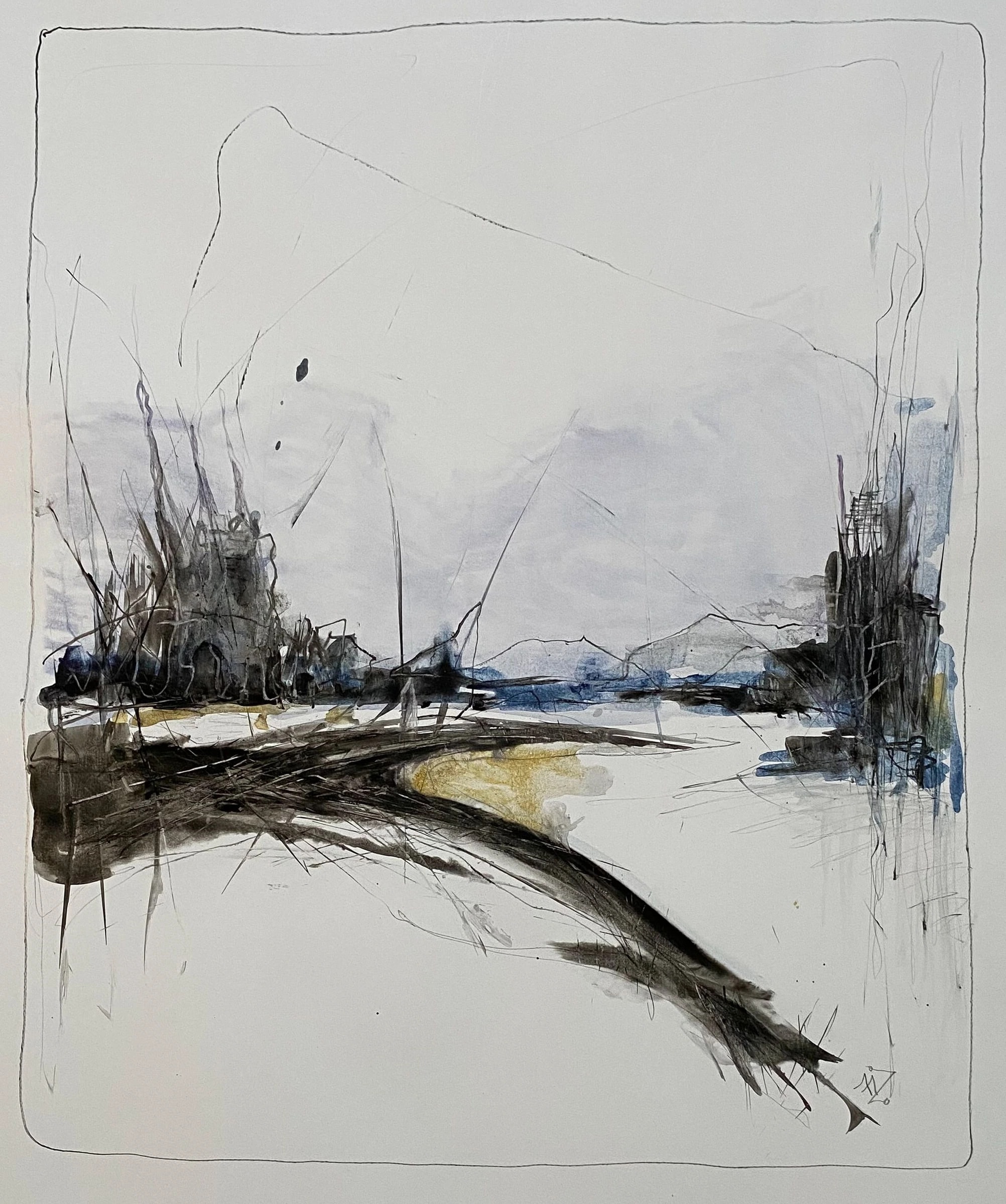 Grey and blue waterside landscape with dense charcoal clusters at both sides, a broad dark sweep across the foreground and a small yellow pool.