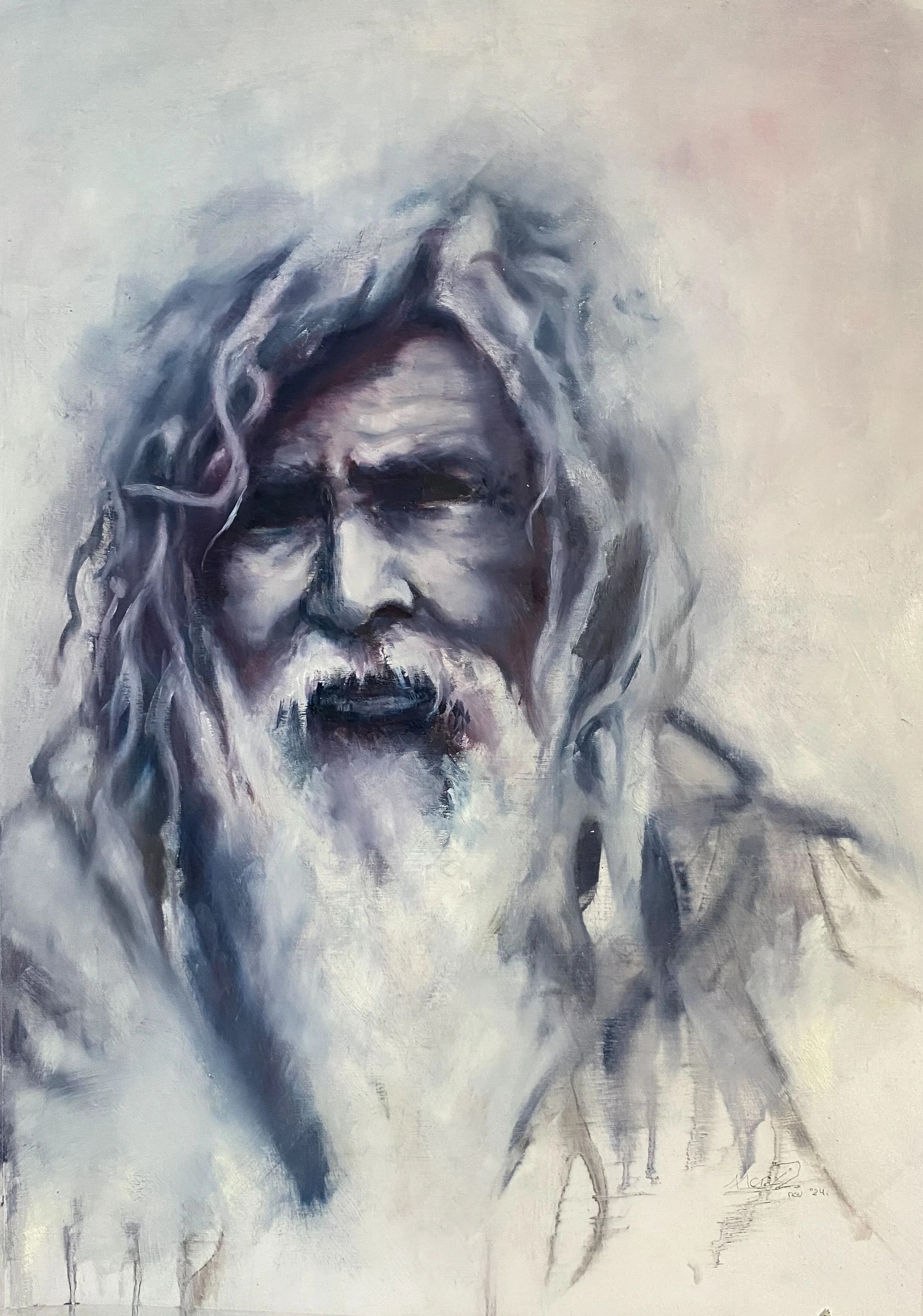 Frontal portrait of a bearded face in smoky grey and violet strokes on pale ground, with hair and beard dissolving into loose trailing marks below.