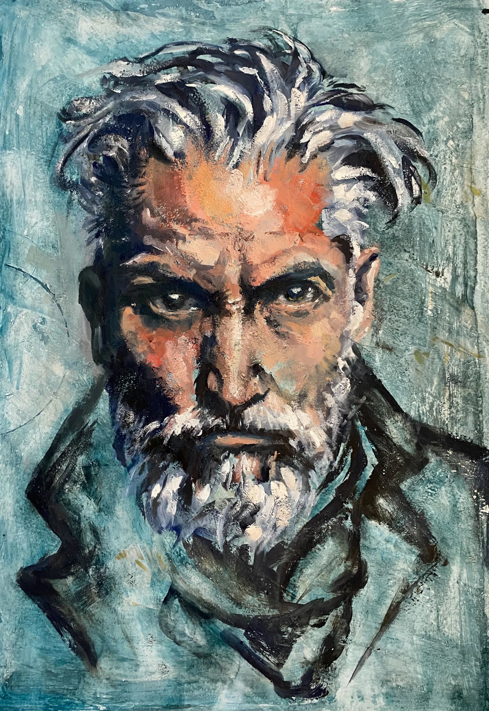 Portrait of a bearded man with grey hair against a dense green-teal ground, dark coat blocked in, with warm peach and orange highlights on the face.
