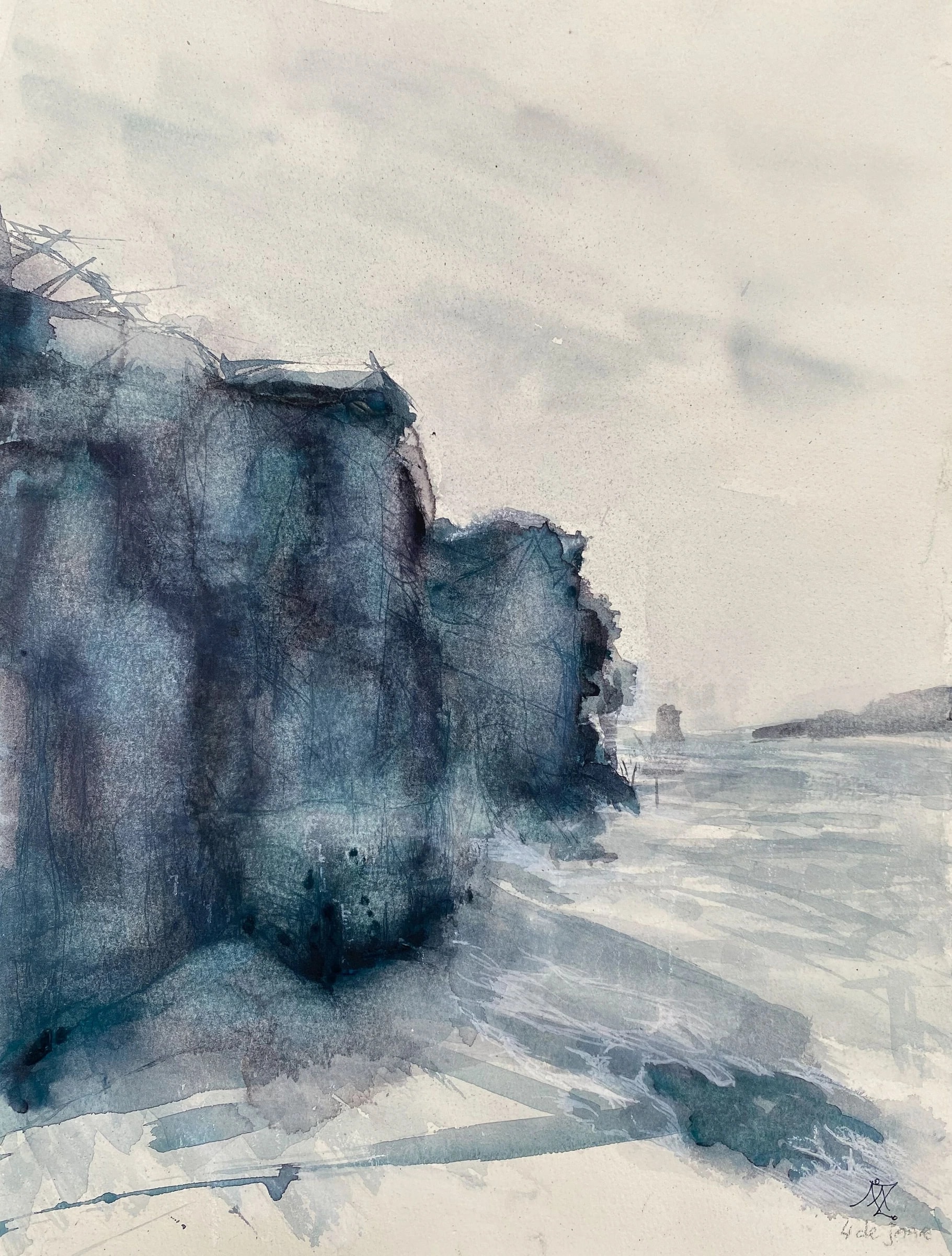 Misty abstract landscape in wet blue and grey washes, with a dense dark blue mass like a cliff rising above pale horizontal bands suggesting water.