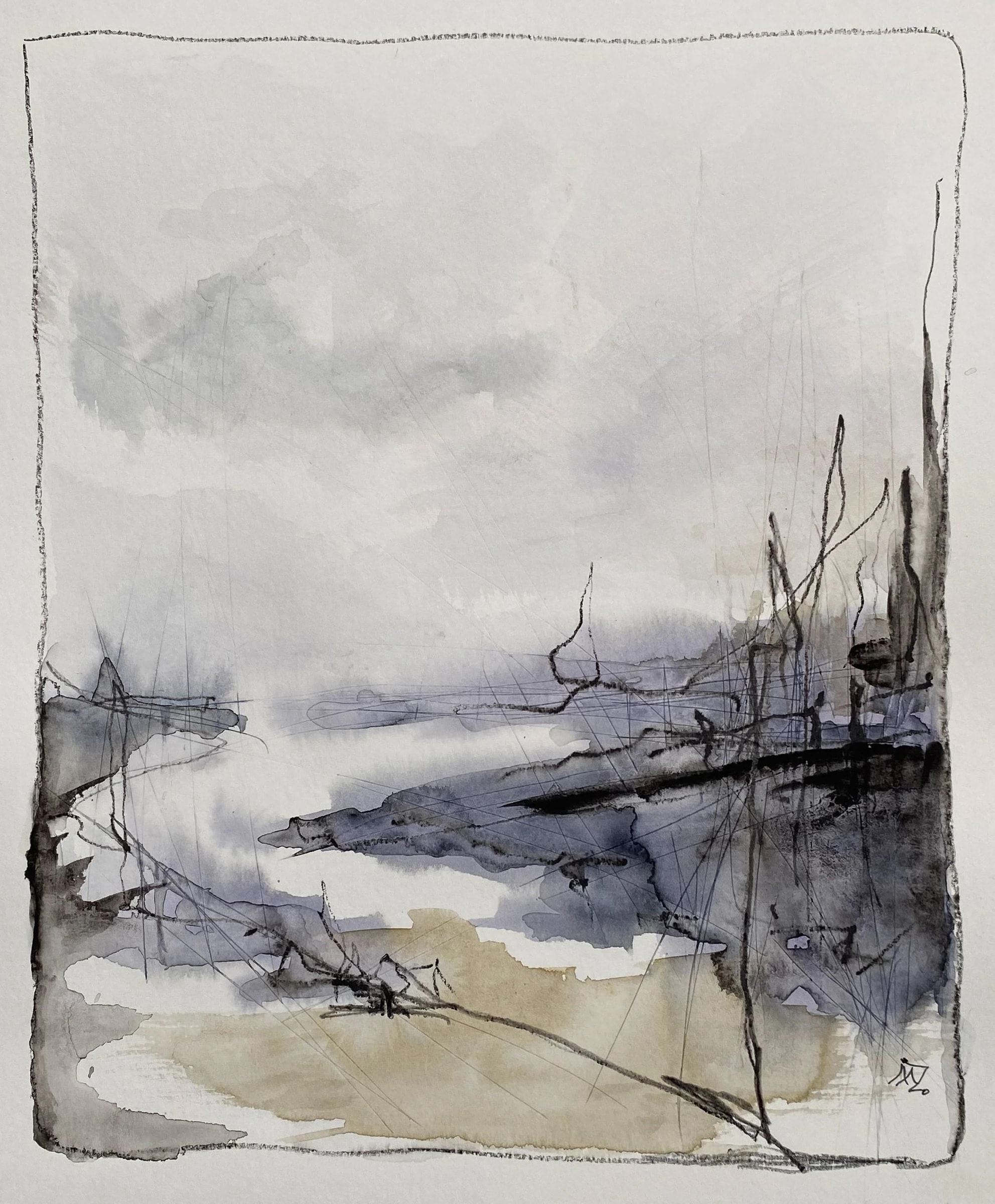 Foggy abstract landscape: grey sky over a pale ochre plain with a light ribbon through the centre and sharp ink lines rising at the right edge.