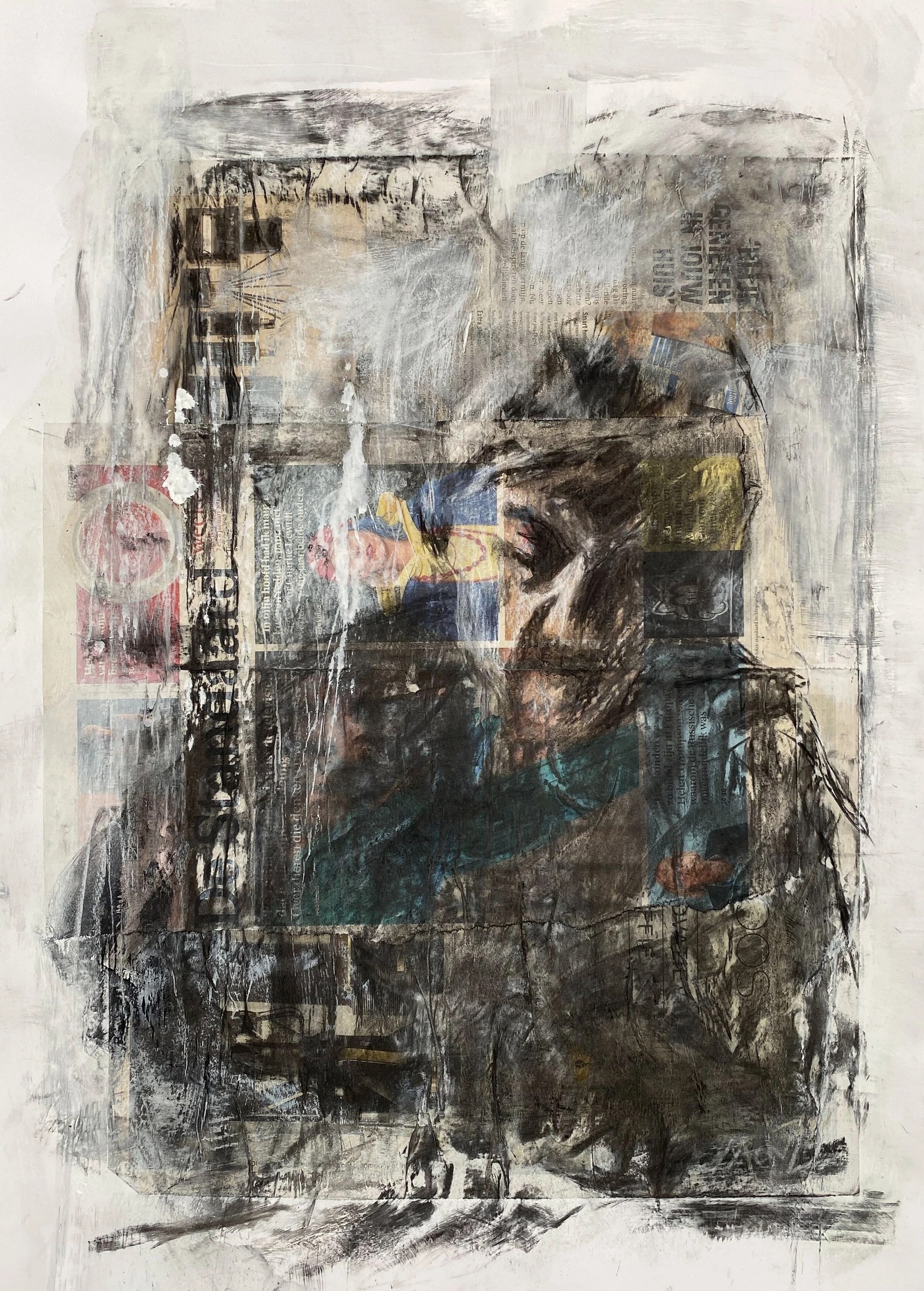Mixed-media work layering newspaper fragments and small colour prints under smoky charcoal, with a bowed head and shoulders emerging from the grey.