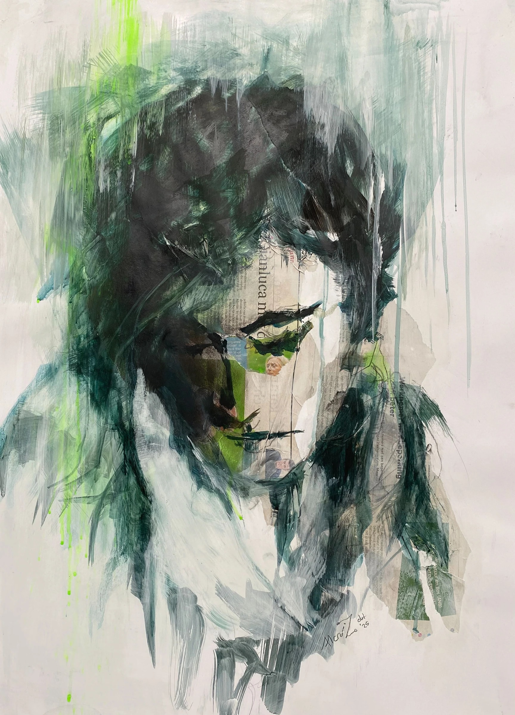 Portrait of a head turned slightly aside, painted in dark green and teal washes with thin green and grey paint runs dripping down a pale background.