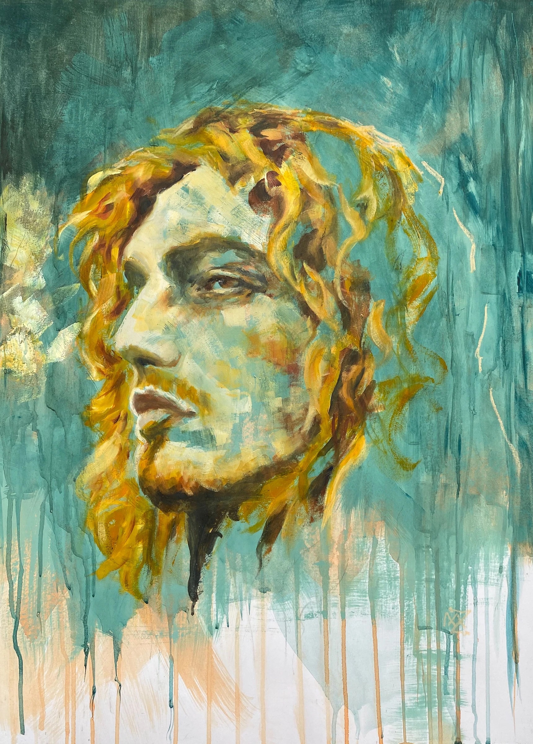 Portrait of a man with ochre and gold hair and beard against a deep teal background, the paint running downward in thin pale drips below the chin.