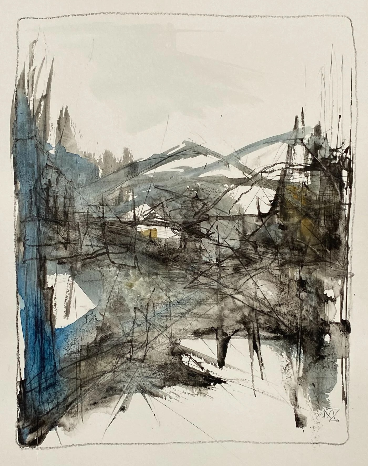 Abstract landscape of grey-green washes overlaid with dense crosshatched ink lines, a tall blue form at the left and small glowing ochre patches.