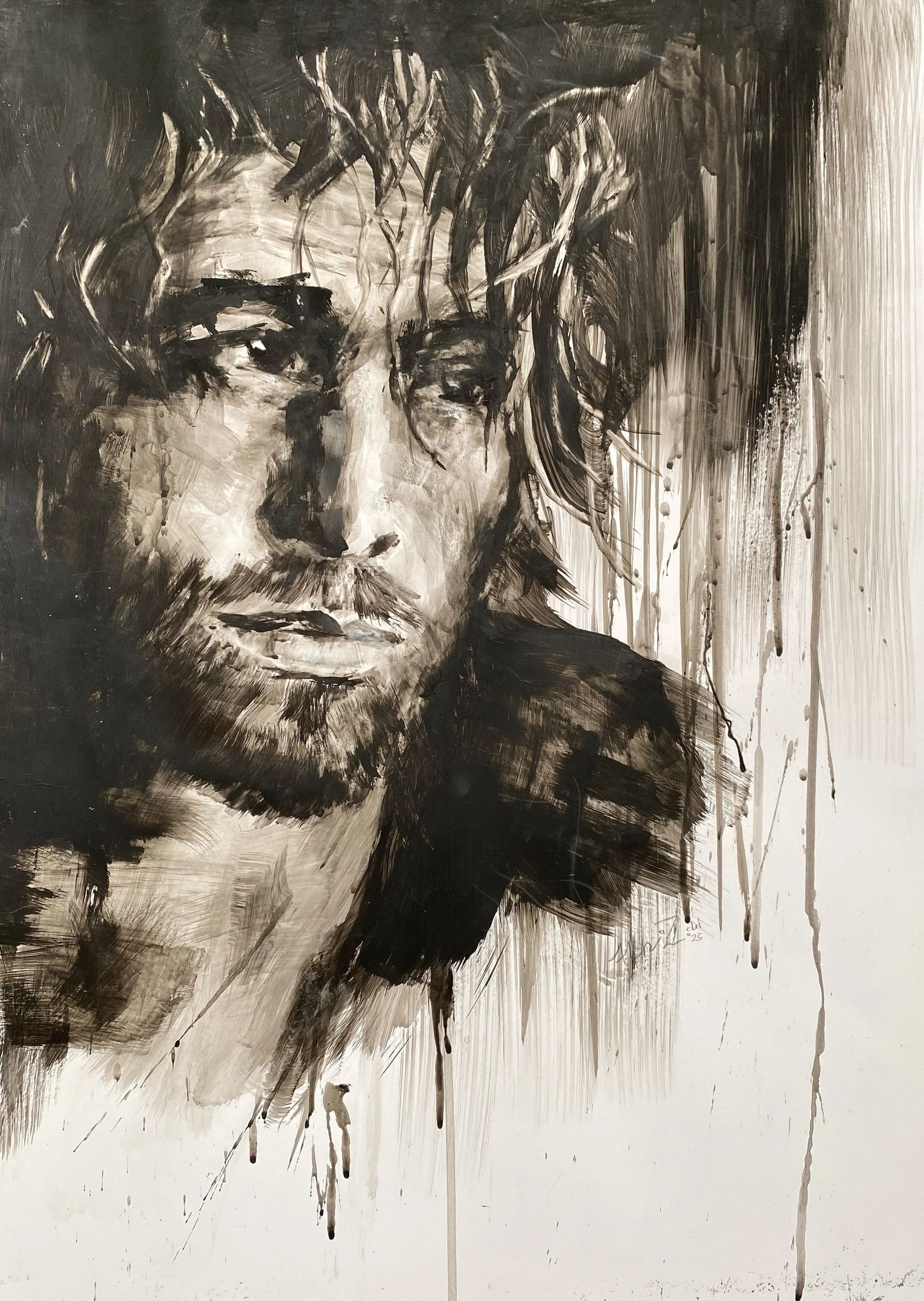 Charcoal portrait of a bearded man with softly modelled features, a heavy black mass falling from his shoulder and thin drips running onto bare paper.