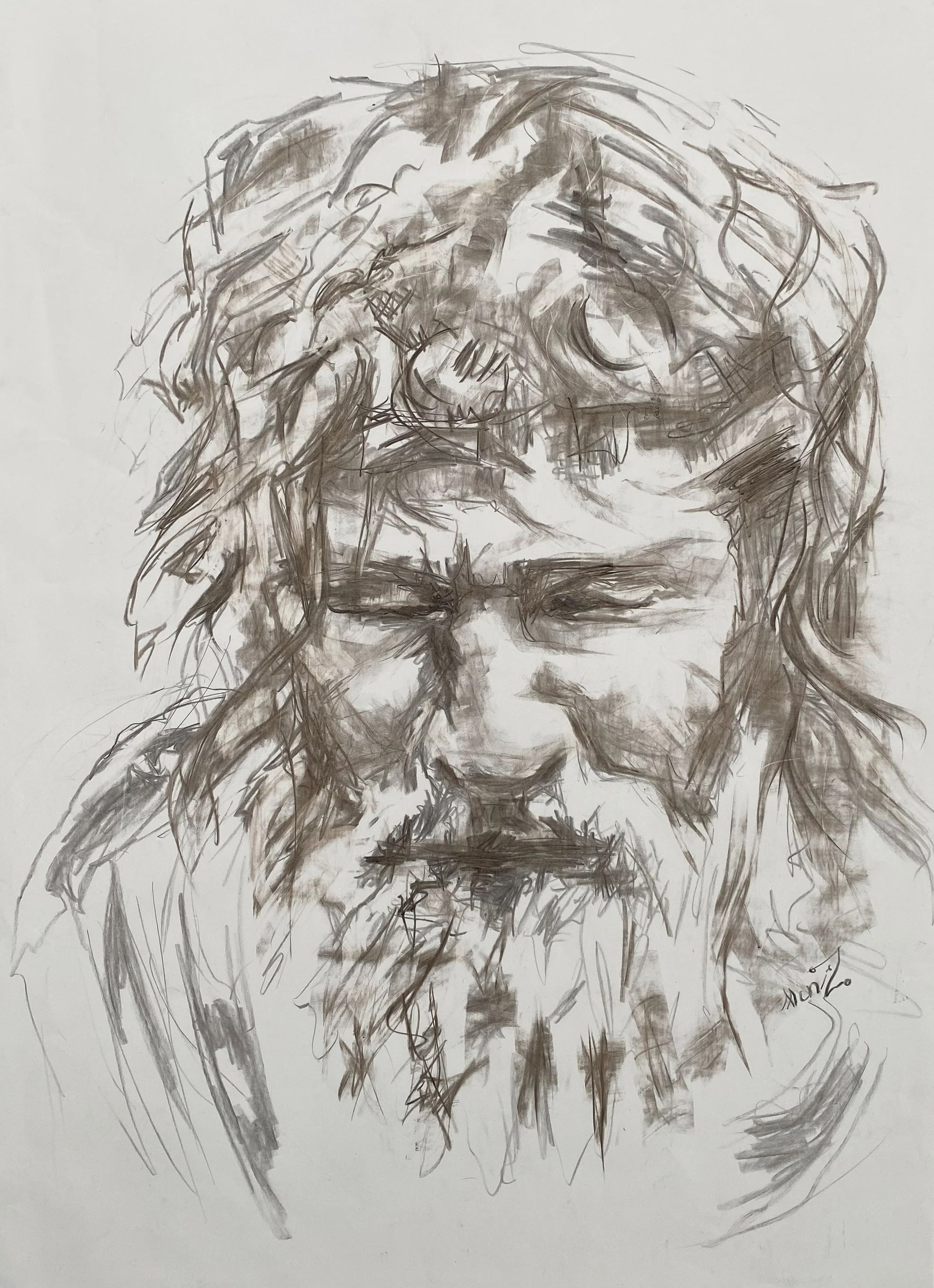 Line drawing in grey of a bearded man's head, built from repeated circling strokes around the brow and beard on a plain light background.